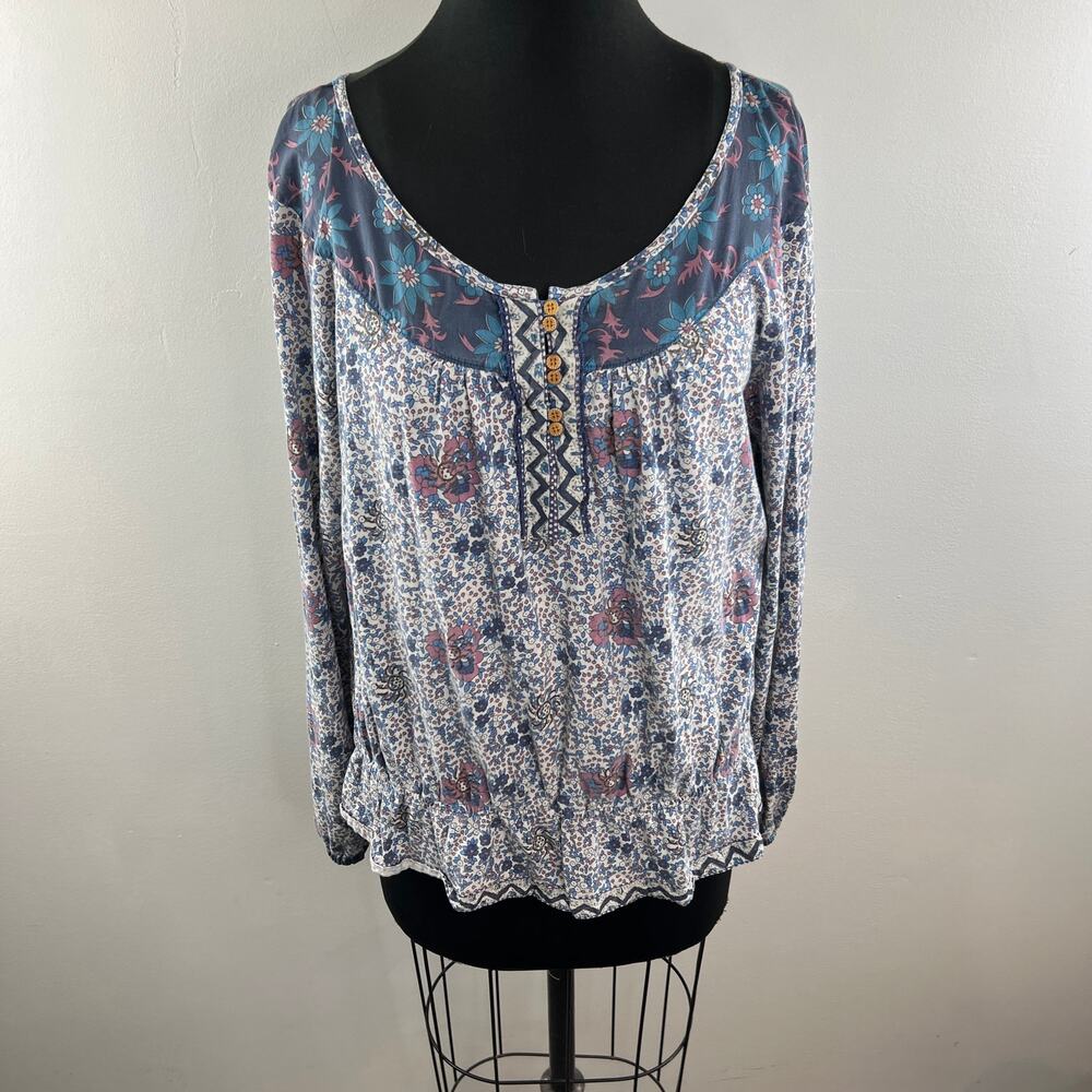 Vintage LUCKY Brand Blouse Cotton Rose Floral Scoop Neck Ruffle Hem Size XL - Picture 2 of 9